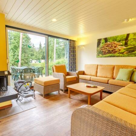 Wohnzimmer mit Kamin eines Ferienhauses im Center Parcs De Kempervennen