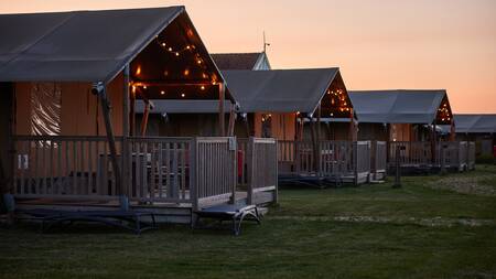 Glamping-Zelte in einer Reihe im Ferienpark Dutchen Erfgoedpark de Hoop