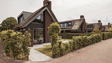 Luxuriöse Ferienhäuser mit Strohdächern an einer Allee im Ferienpark Dutchen Villapark Mooi Schoorl