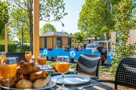 Der Zug transportiert Personen durch den Ferienpark EuroParcs Poort van Maastricht