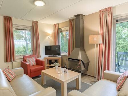 Wohnzimmer mit Kamin eines Ferienhauses im Ferienpark Landal Landgoed Aerwinkel