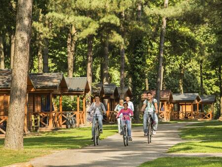 Eine Familie radelt vor Chalets im Ferienpark Landal Mooi Zutendaal