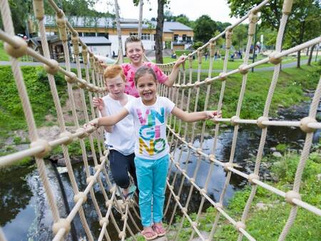 Kinder klettern im Niederseilgarten im Ferienpark Landal Wirfttal