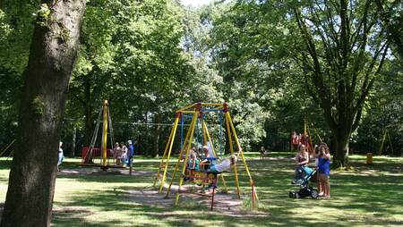 Kinder spielen auf einem großen Spielplatz im Ferienpark Molecaten Bosbad Hoeven