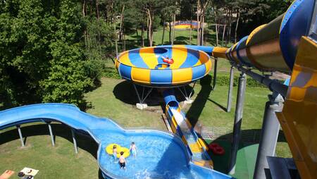 Verschiedene Rutschen im Wasserspielpark „Splesj“ im Ferienpark Molecaten Bosbad Hoeven