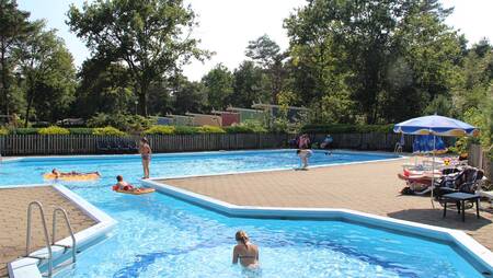 Menschen schwimmen im Außenpool des Ferienparks Molecaten Park De Koerberg