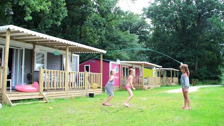 Farbenfrohe Chalets vom Typ "Lupine" im Ferienpark Molecaten Park Landgoed Ginkelduin