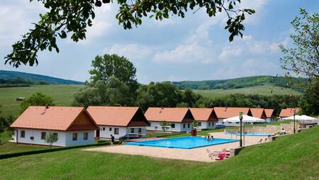 Das Schwimmbad und die Ferienhäuser im kleinen Ferienpark Molecaten Park Legénd Estate