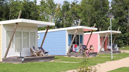 Campinghütten an einem Weg im Ferienpark Molecaten Park Rondeweibos