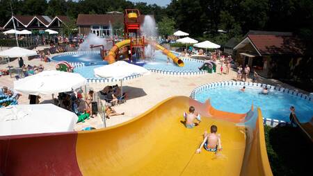 Kinder rutschen im Außenpool des Ferienparks Molecaten Park 't Hout eine breite Rutsche hinunter