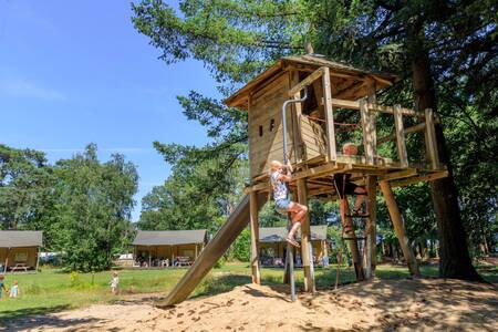 Kinder spielen in einem Baumhaus auf einem Stellplatz im Ferienpark RCN de Flaasbloem