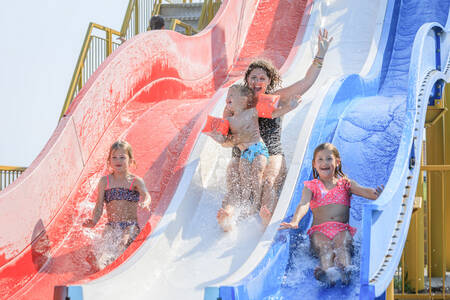 Die Familie rutscht im Außenpool des Ferienparks RCN de Schotsman eine breite Rutsche hinunter