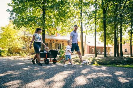 Familie mit Bollerwagen geht vor Ferienhäusern im Roompot Vakantiepark Weerterbergen spazieren